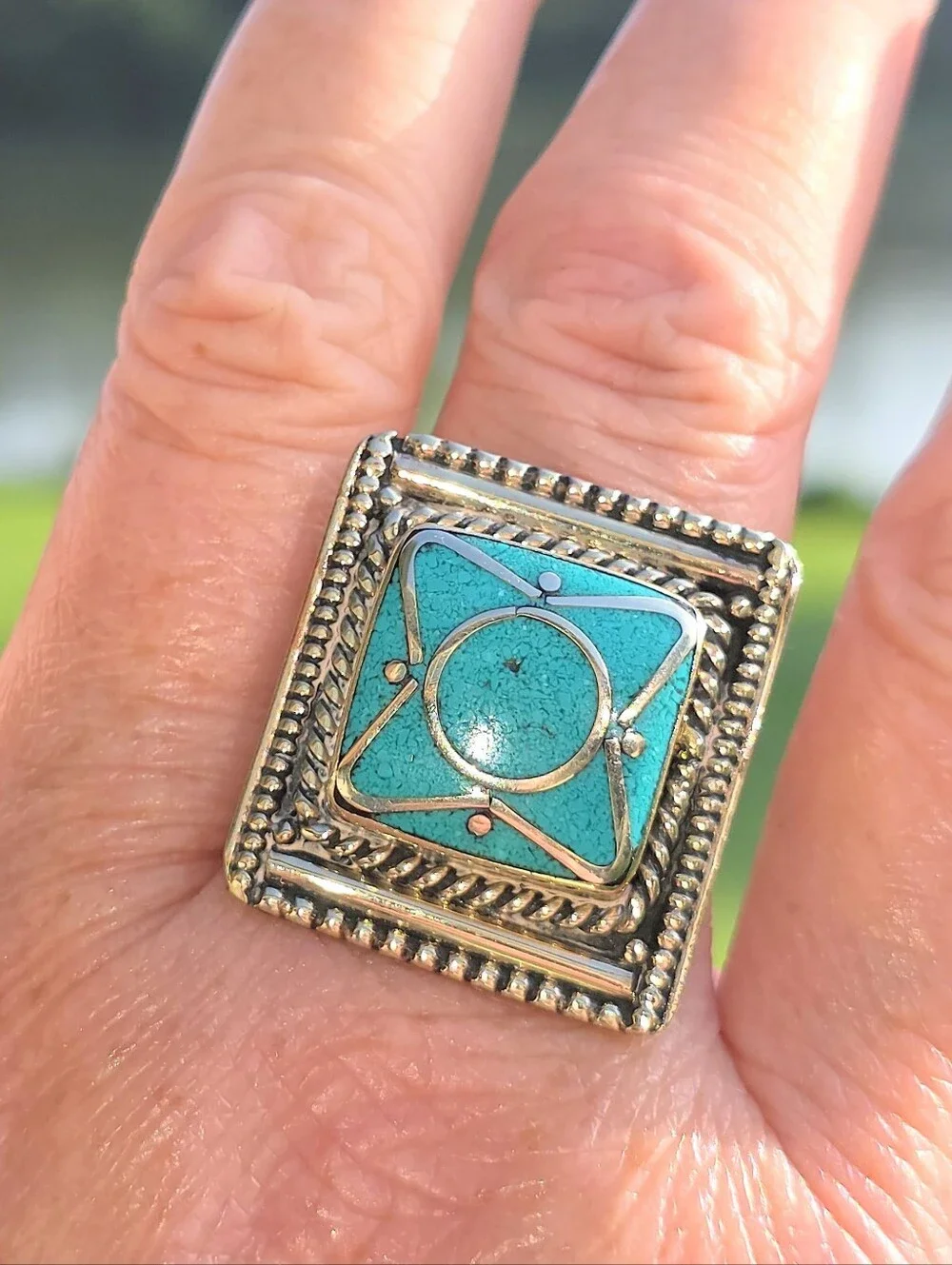 Tibetan Turquoise Square-Shaped Gemstone Ring (Adjustable)